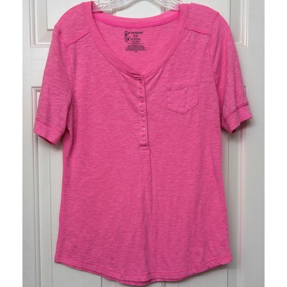 No Boundaries Juniors XL Pink Solid V-Neck Short Sleeve Henley T-Shirt